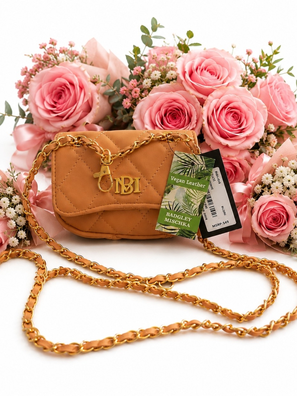 Badgley Mischka Quilted Tan Vegan Leather Crossbody with Gold Chain